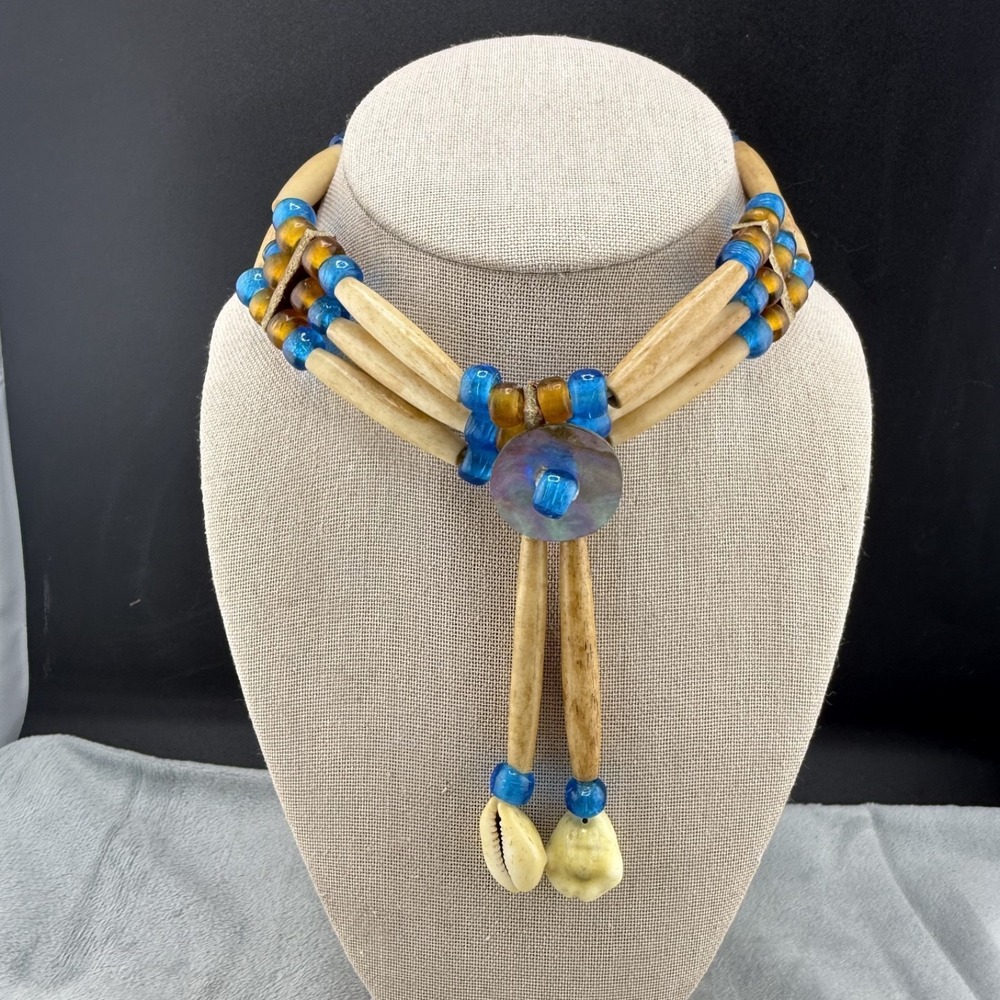 Vintage‎ Choker Native Inspired Beaded Bone Leather Southwestern 19"